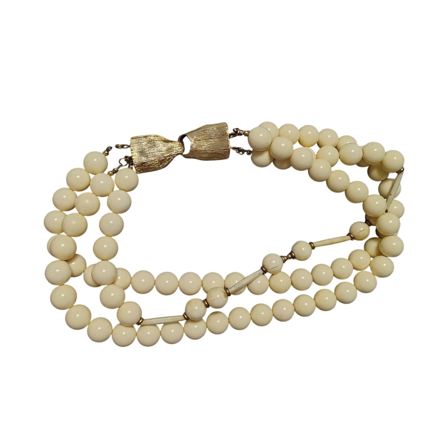 Vintage Statement 3 Strand Necklace Huge Lucite Cream Bead Large Gold Hook Clasp