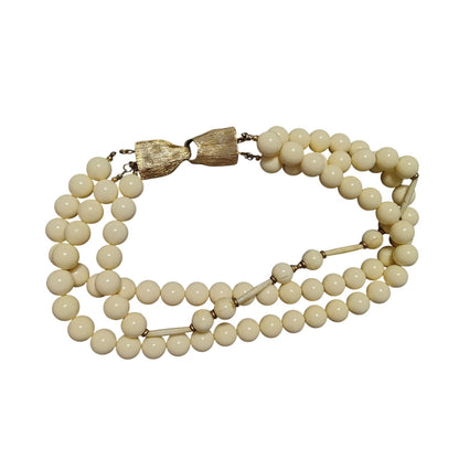 Vintage Statement 3 Strand Necklace Huge Lucite Cream Bead Large Gold Hook Clasp