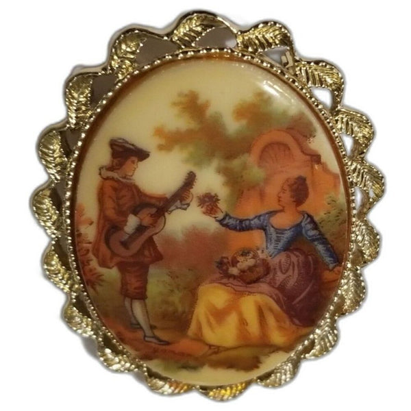 Victorian Design Oval Courting Lover Brooch Gold Scallop Frame by Fragonard [Vintage]