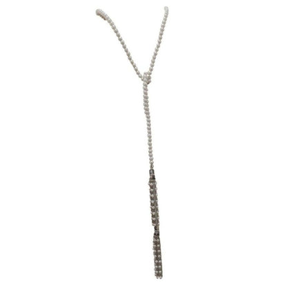 Vintage Cream Chain Link Faux Pearl Silver Tone Long Lariat Tassel Necklace