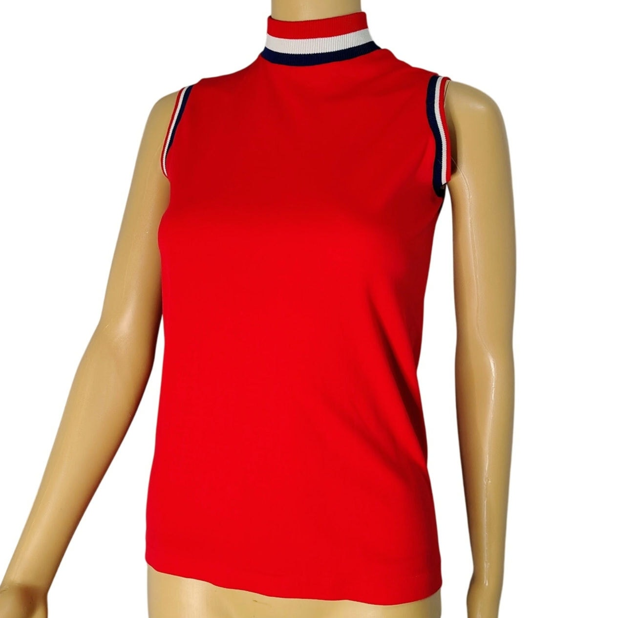 70s Red White Blue High Neckline Sleeveless High Neck Top Back Zipper Size Small [Vintage]