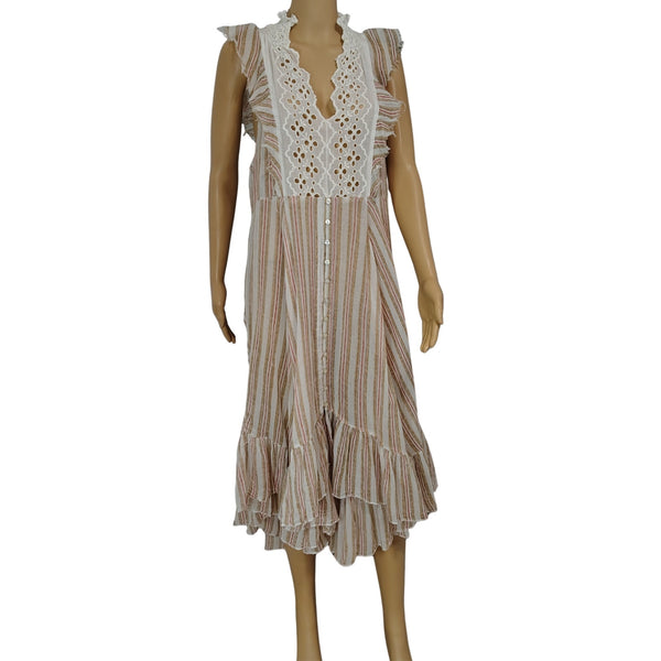 FP One Boho Brown White Flowy Caraway Stripe Sheer Uneven hem Long Dress Size Large