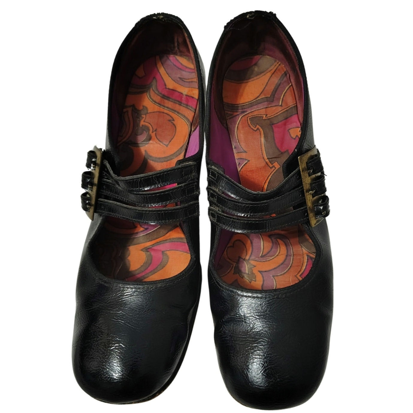 60s Mary Janes Black Leather Square Toe Block Heel Womens Shoes Size 7 [Vintage]