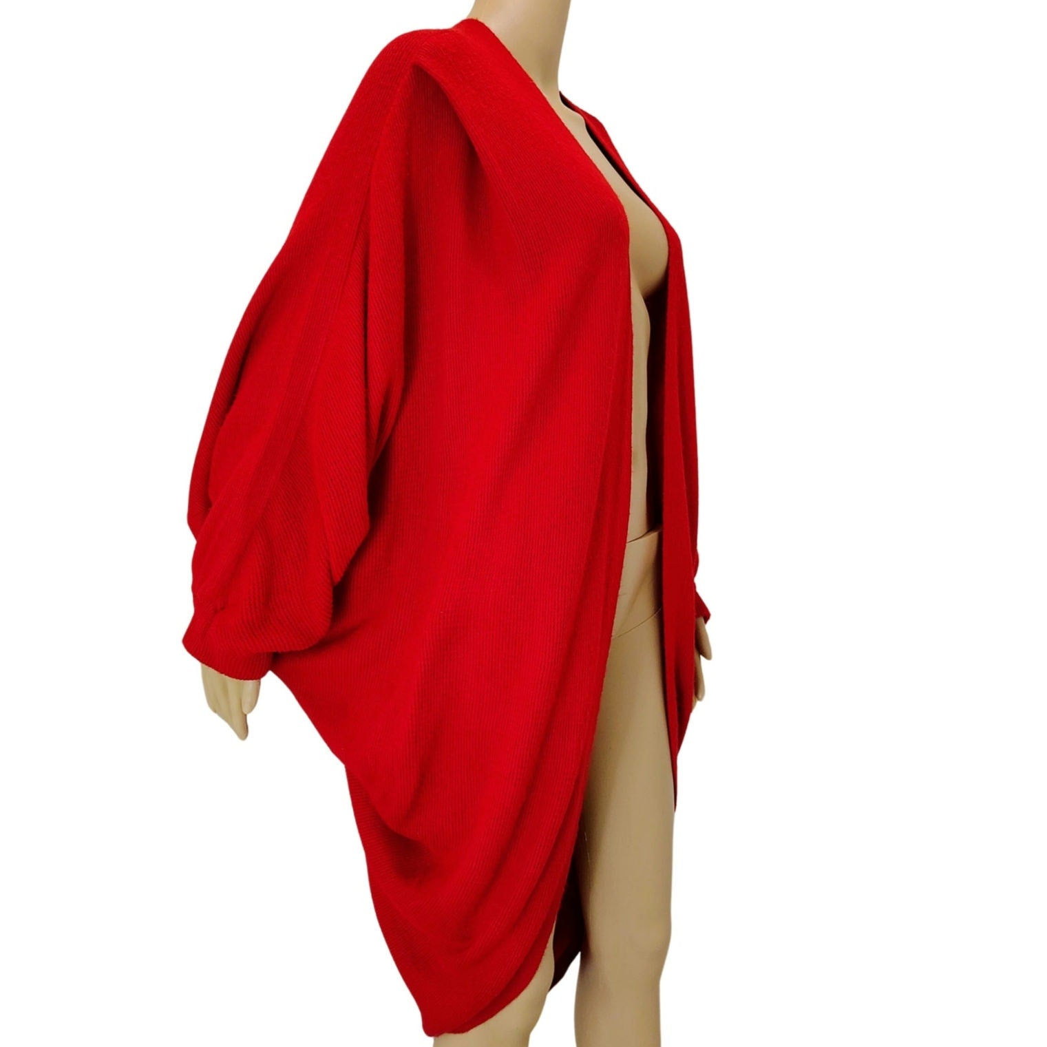 1980s Red Knit Cardigan Open Front Pleated Shoulder Round Hem Sweater One Size [Vitnage]