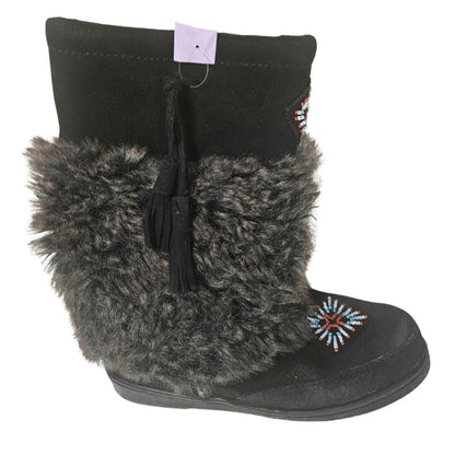 Minnetonka Mukluk Bead Detail Black Genuine Suede Leather Faux Fur Size 7 Womens