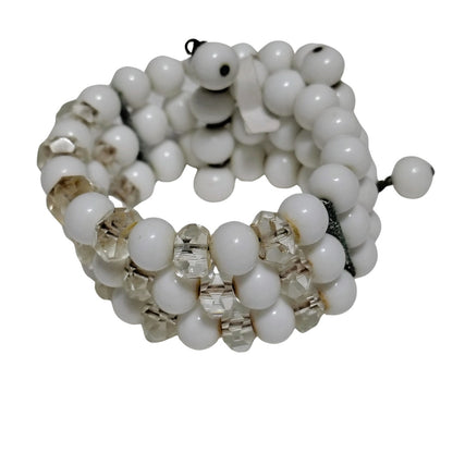 Antique White Glass & Crystal Bead Wire Strand Beaded Stiff Wire Cuff Bracelet
