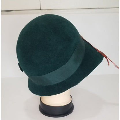 1960s Green Frank Olive Wool Hat Long Feathers Hat Band and Double Bow [VINTAGE]
