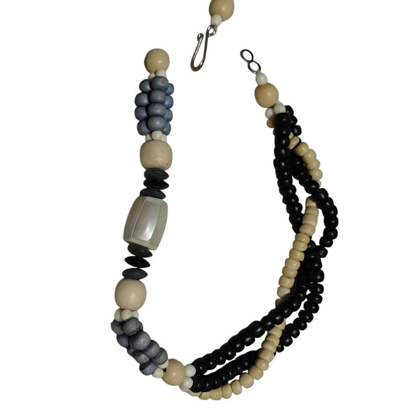 Vintage Blue Beige Mother of Pearl Pendant on Beaded Statement Necklace