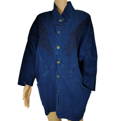 1990s Pado California Indigo Blue Denim Jean Jacket Dolman Sleeves Embroidered [Vintage]
