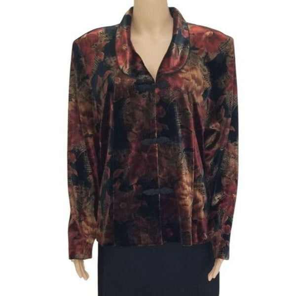 Stretch Velvet Floral Blazer Frog Closures Shoulder Pads Velour Soft Size 18