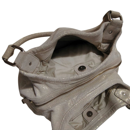 Cream Suede Gold Metallic Calvin Klein Shoulder Bag Double Handle 3 Compartments