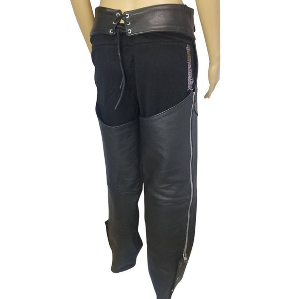 Mens Black Leather Chaps Tie Back Snap Ankle HARLEY DAVIDSON Made USA Size Small [Vintage]