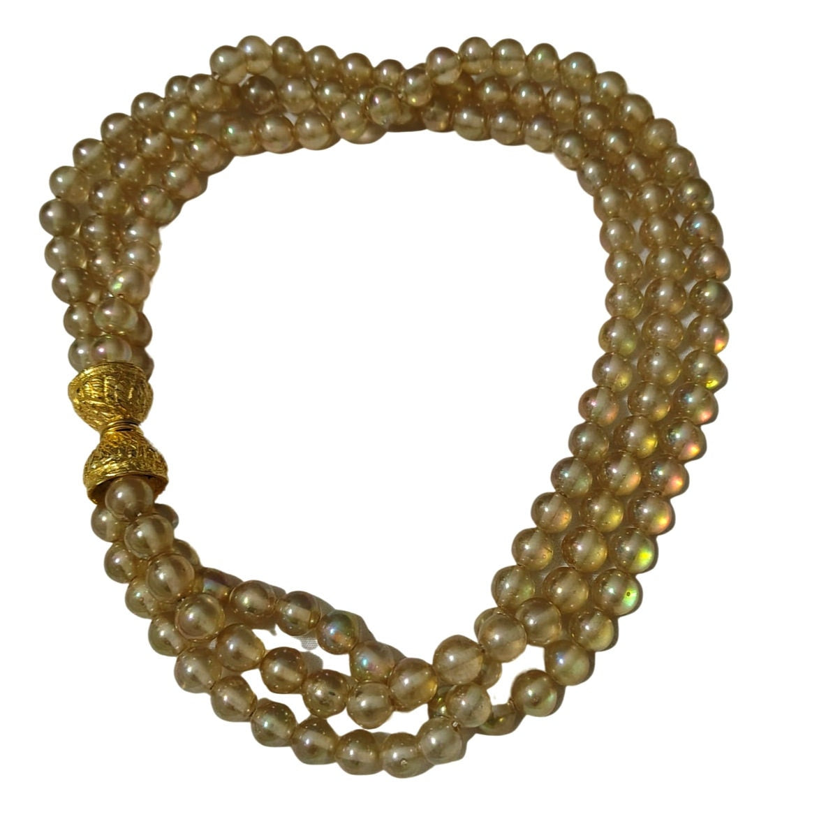 1960s Triple Strand Faux Champagne Pearl Choker Necklace Snap Clip Closure[Vintage]