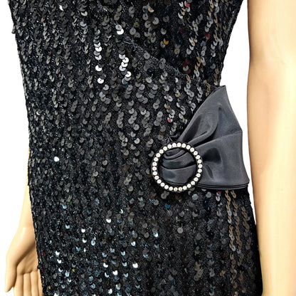 70’s 80’s Frederick’s Hollywood Black Sequin Wiggle Dress Bow Crystals Open Back