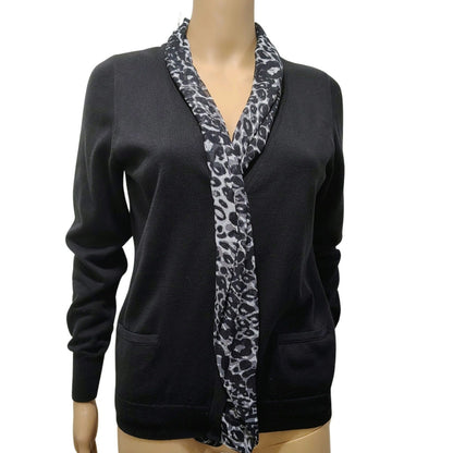 Tahari Black Cardigan Button Up Sweater Gray Leopard Print Trim Size Med Petite