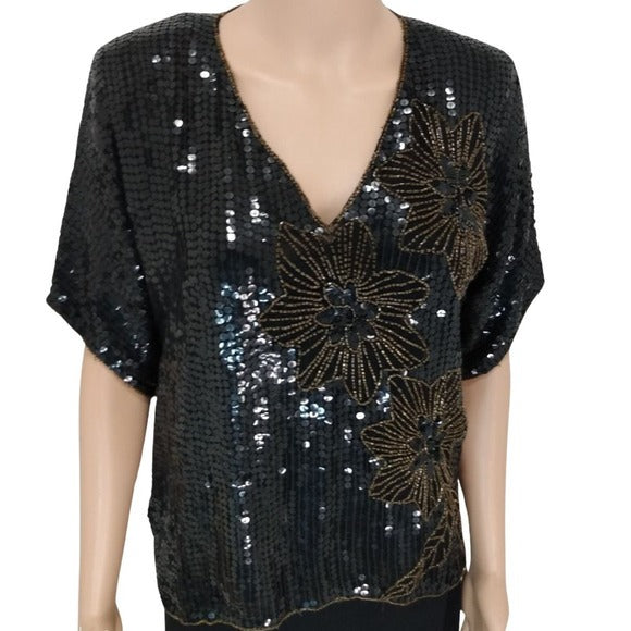 Silk Sequin Floral Short Sleeve V Neck Black Top Size Medium [VINTAGE]