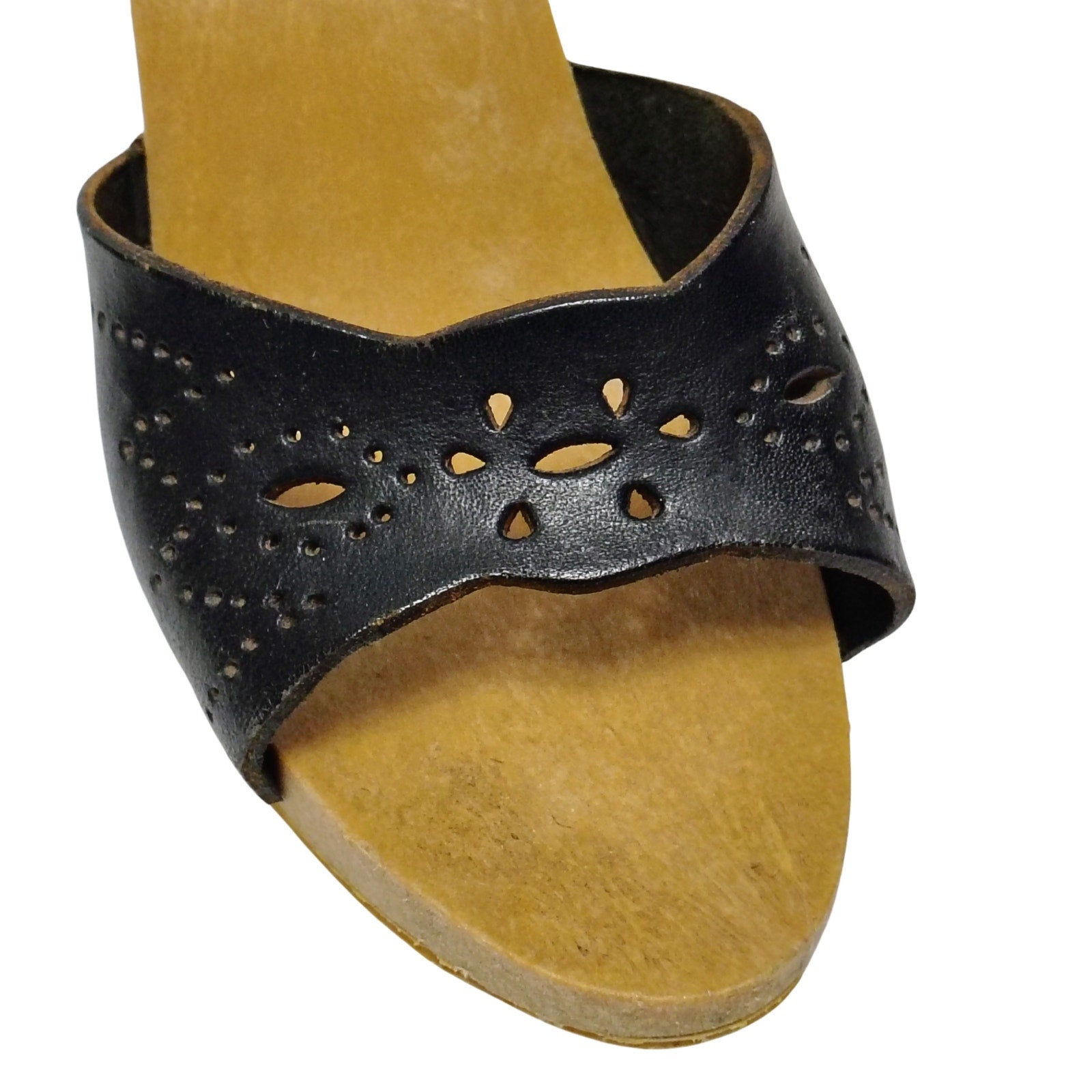 1970s Candies Style Faux Wood Heels Black Leather Pumps US 5 EUR 36 [Vintage]