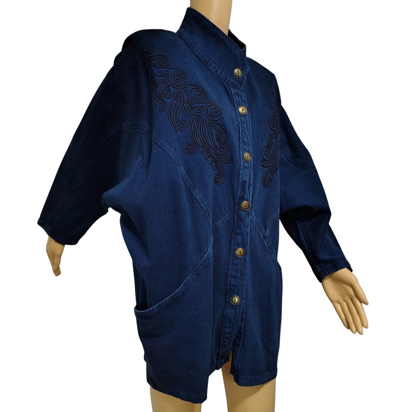 1990s Pado California Indigo Blue Denim Jean Jacket Dolman Sleeves Embroidered [Vintage]