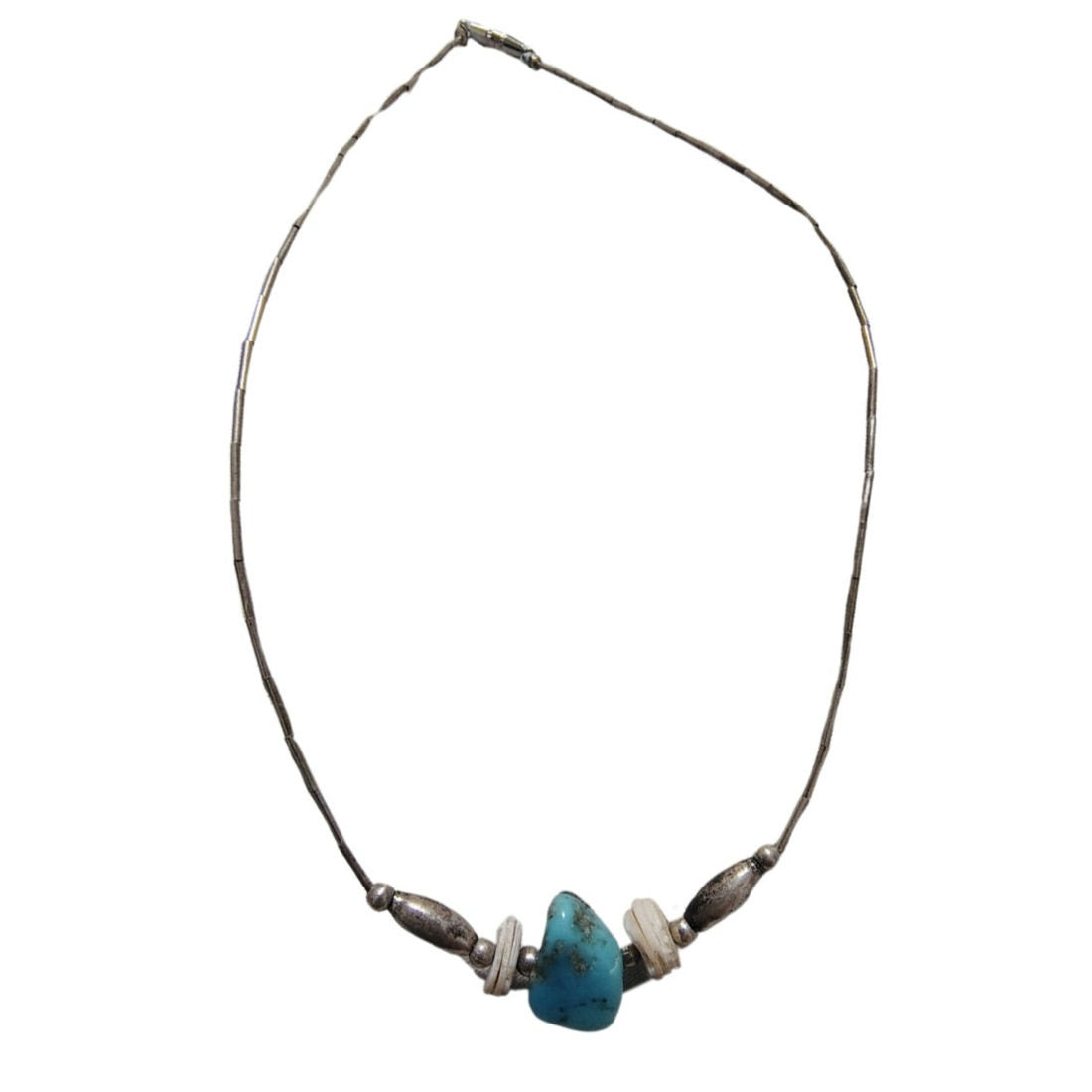 1970s Sterling Silver Liquid + Shell Beads + Turquoise Stone Necklace [Vintage]