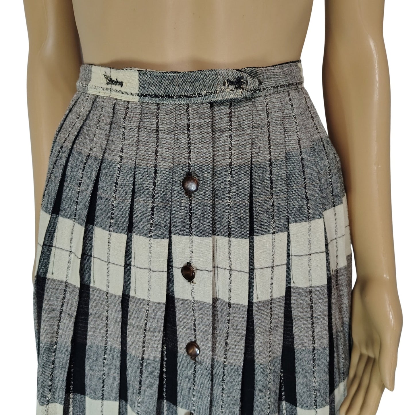 1960s Pleated Brown Plaid Reversible Button Up A Line Skirt Size XS [Vintage]