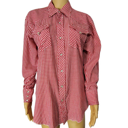 Ranchwear H Bar C Red White Checker Plaid Button Up Shirt Pearl Snaps  Size 16.5 [Vintage]