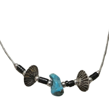 1970s Sterling Silver Liquid Beads Turquoise Black Stone Necklace