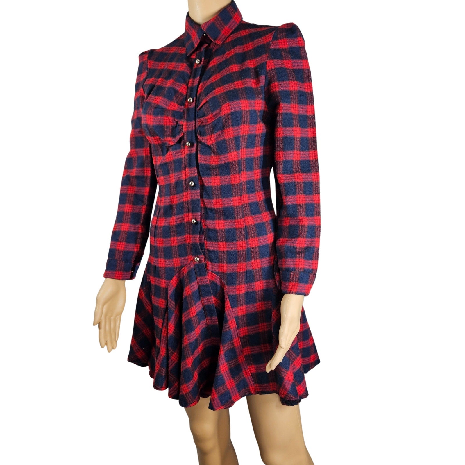 Red Blue Plaid Long Sleeve Button Up Shirt Mini Dress With Circle Skirt Size XS