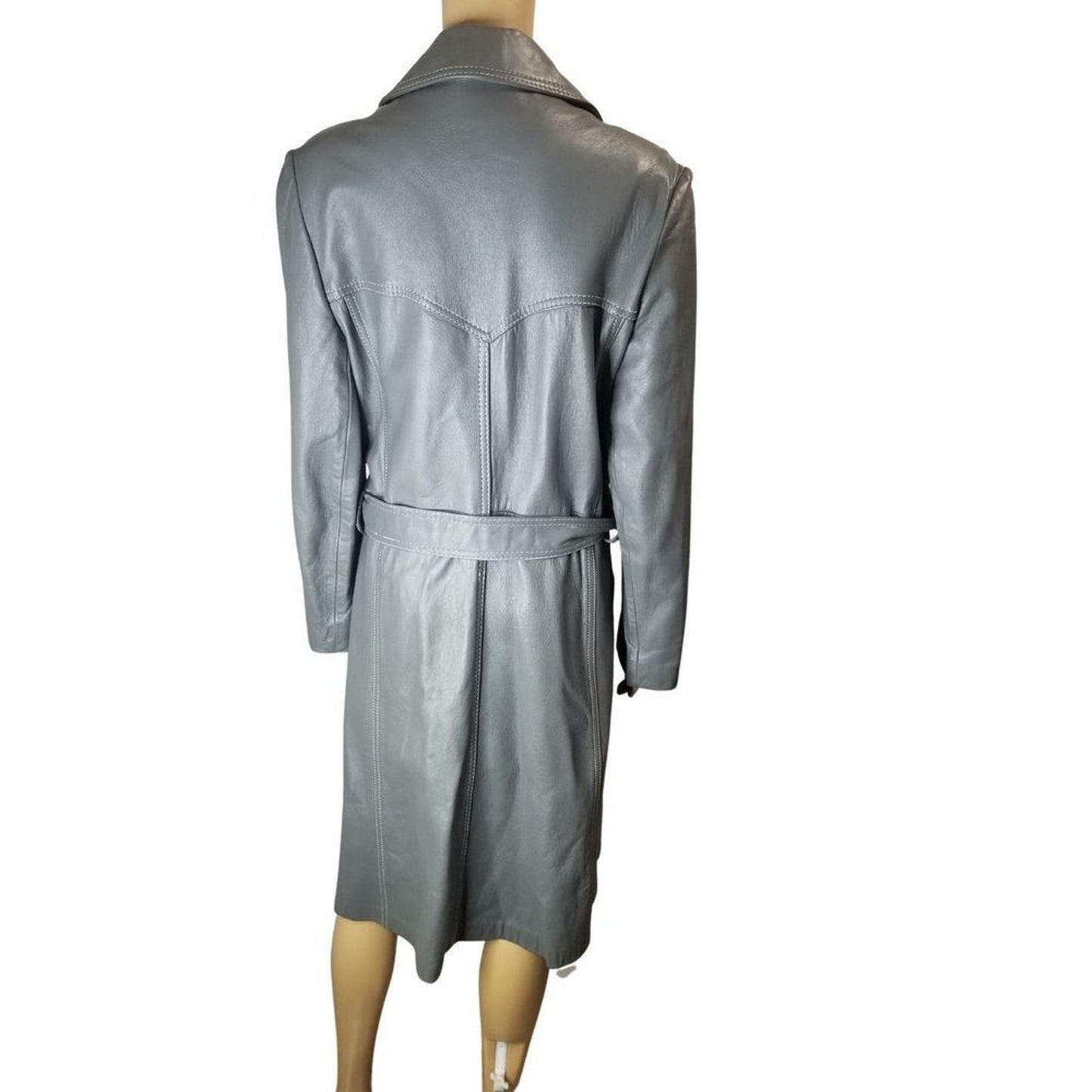 1970s Gray Belted Long Leather Trench Coat Collar Big Pockets Size Med Vintage