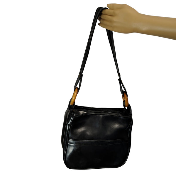 1970s Black Vinyl Convertible Shoulder Handbag Top Handle Purse  Wood Loops