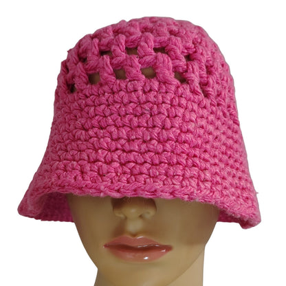Vintage Pink Crochet Knit Bucket Hat Wide Brim Size Small