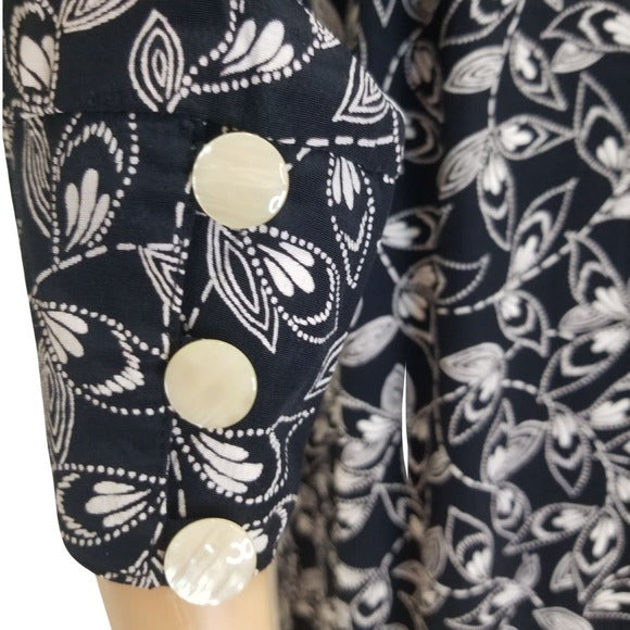 1980s Liz Claiborne Petite Black Long Sleeve Floral Shirt Dress Size 8P [VINTAGE]