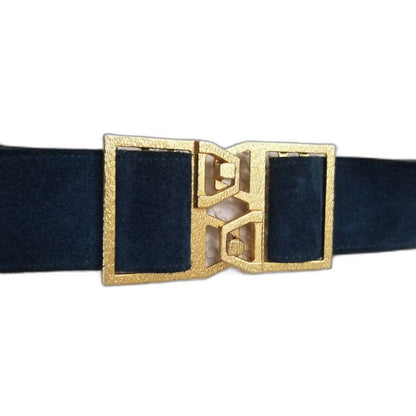 Vintage Big Gold Interlocking Cut Out Buckle Wide Blue Suede Belt Adjustable