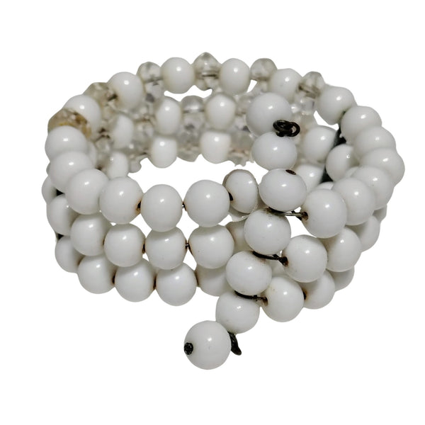 Antique White Glass & Crystal Bead Wire Strand Beaded Stiff Wire Cuff Bracelet