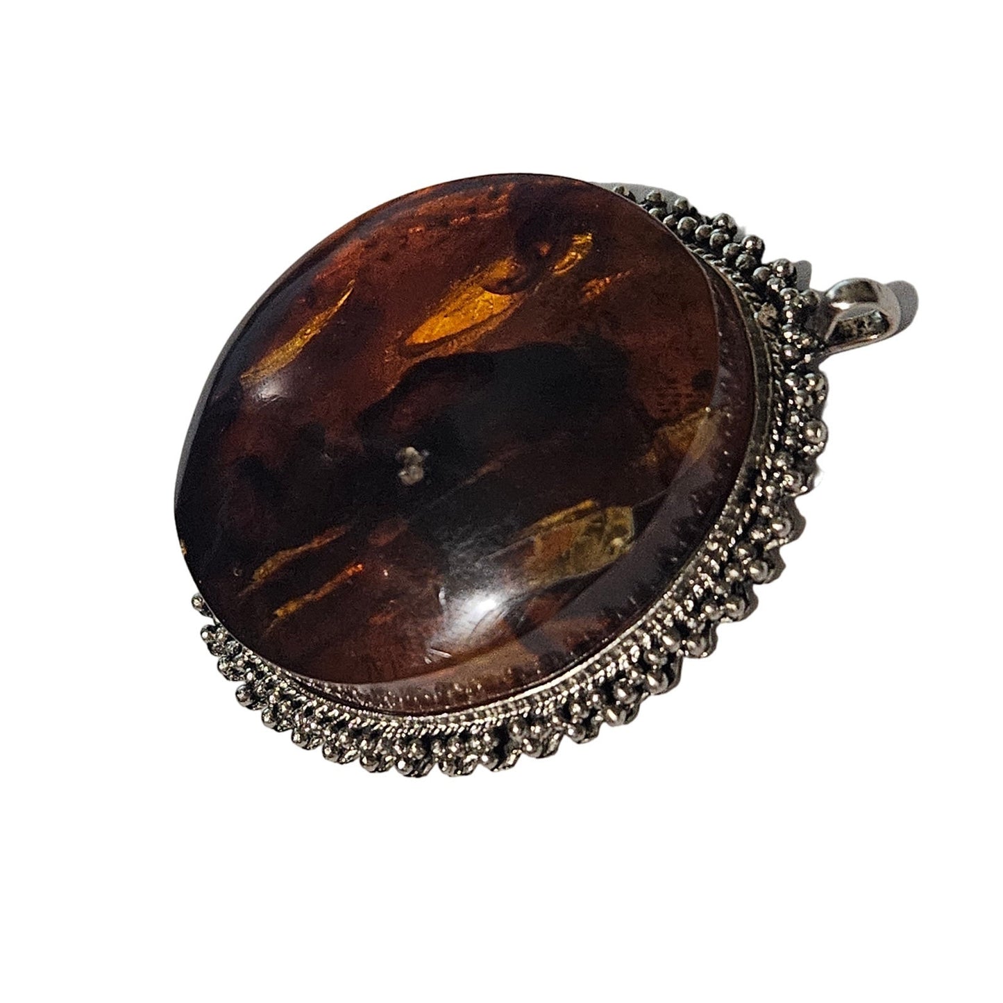 Vintage Huge Round Amber in Silver Tone Metal Pendant on Black Ribbon Necklace