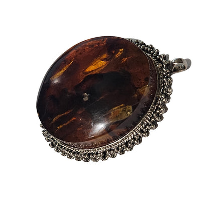 Vintage Huge Round Amber in Silver Tone Metal Pendant on Black Ribbon Necklace
