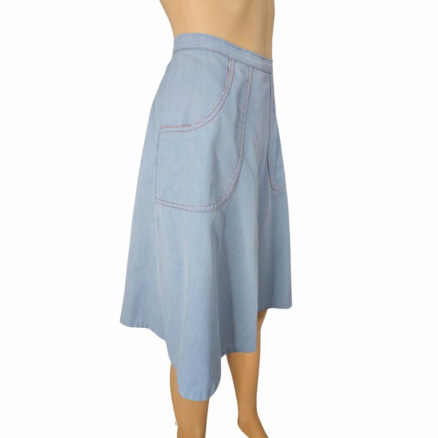 1970s Blue Red White Midi Wrap Skirt Plaid Accents Lining Hand Made Size XS [Vintage]