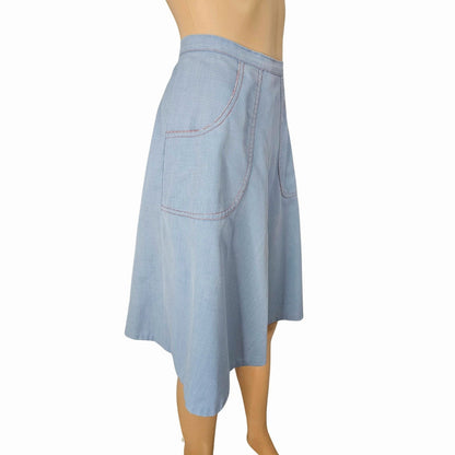 1970s Blue Red White Midi Wrap Skirt Plaid Accents Lining Hand Made Size XS [Vintage]