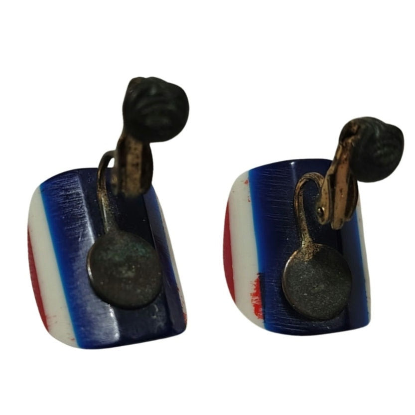 1980s Lucite Red White Blue Clip On Earrings Stacked Design [Vintage]