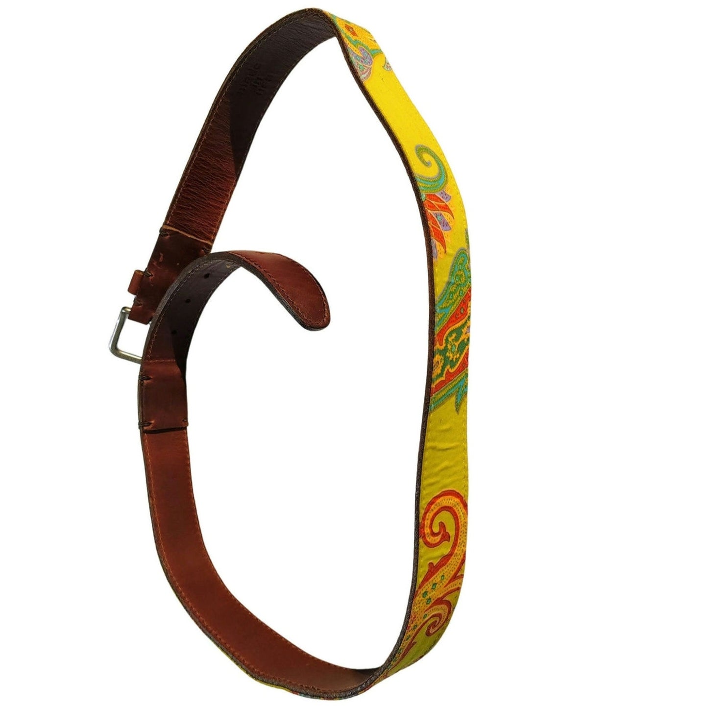 Green Floral Waxed Canvas on Brown Leather  Belt Size 36 Inch by HEALgoods USA Made