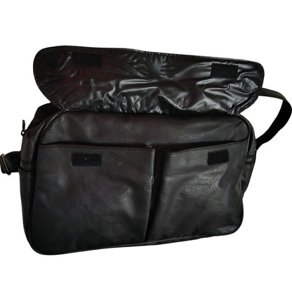 80s Black Faux Leather Crossbody Tote Medium Size Adjustable Hook Loop Closures
