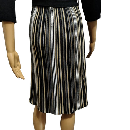 Studio 1 Striped Belted Midi Knit Fit & Flare V Neck Sweater Dress Black Size M