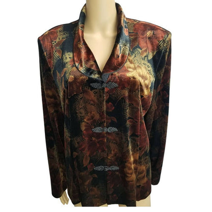Stretch Velvet Floral Blazer Frog Closures Shoulder Pads Velour Soft Size 18