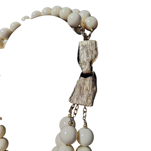 Vintage Statement 3 Strand Necklace Huge Lucite Cream Bead Large Gold Hook Clasp
