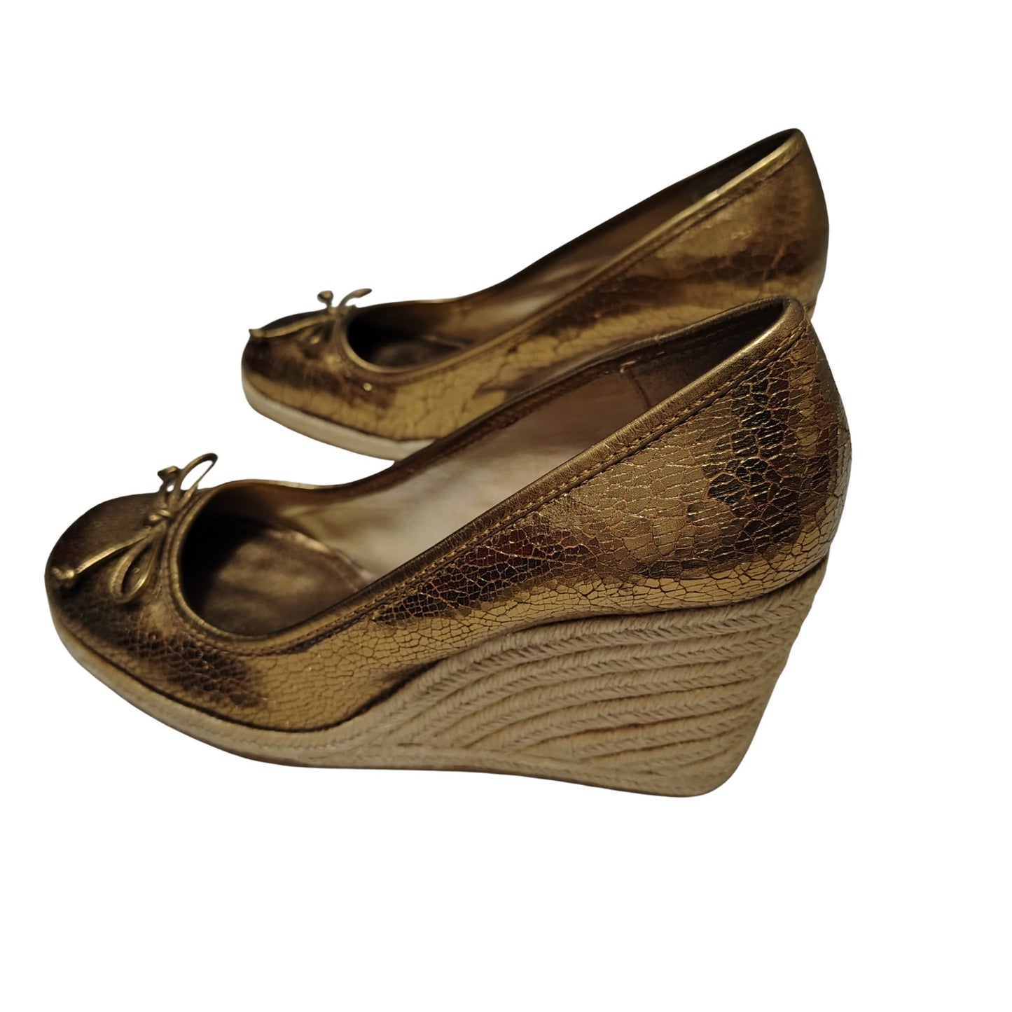 1980s Coach Bronze Crackle Leather Jute Wedge Hee Ireland Bow Espadrille Size 7 [Vintage]