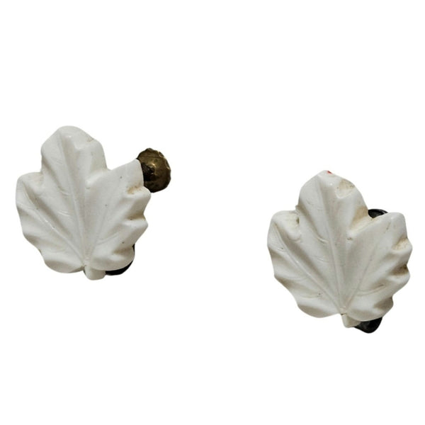 Vintage Cream Celluloid Plastic Leaf Clip On Earrings