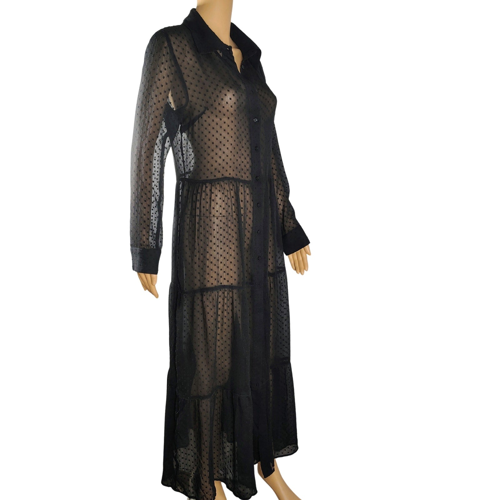 VENUS Black Sheer Polka Dots Button Up Flare Maxi Fold Down Collar Dress Size 8