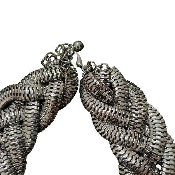 1990s Chunky Silver Braided Statement Choker Necklace Adjustable Size 18" - 20.5" [vintage]