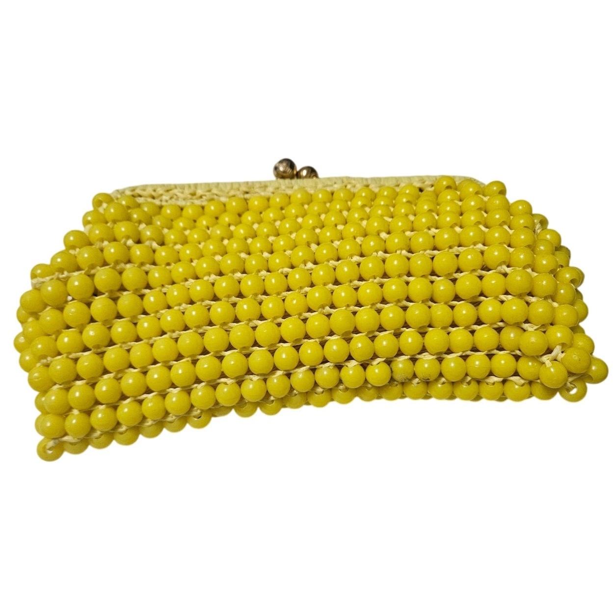 Retro Italian Made Yellow Beaded Clutch Handbag Knit Bag Raffia Purse [VINTAGE]