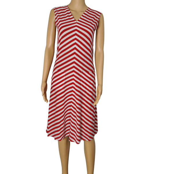 1970s Red White Bodycon Striped Fit Flare Sleeveless V Neck Dress Size Small
