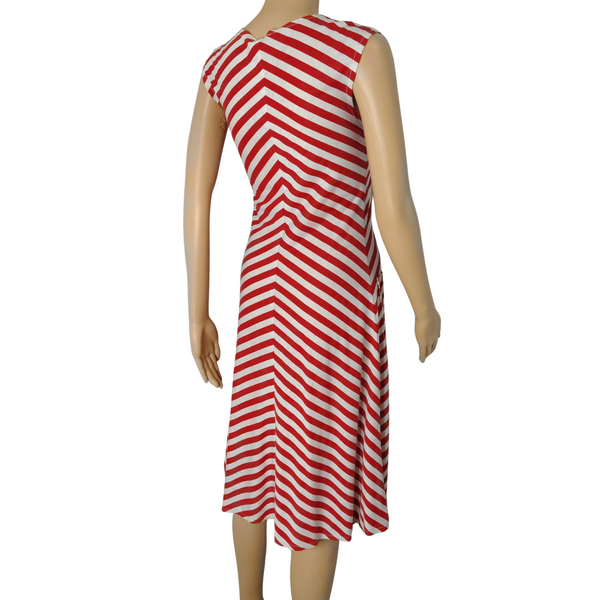 1970s Red White Bodycon Striped Fit Flare Sleeveless V Neck Dress Size Small